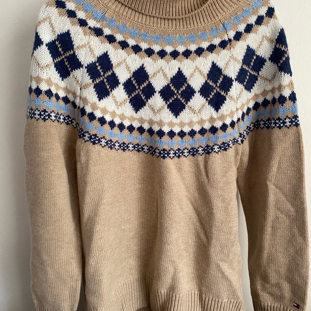 Tommy Hilfiger Tan and Blue Argyle Turtleneck Sweater
